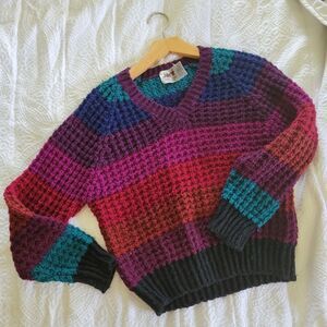 Vintage Jaré Red Black Teal Navy Purple V-Neck Sweater 90s Wool Blend M